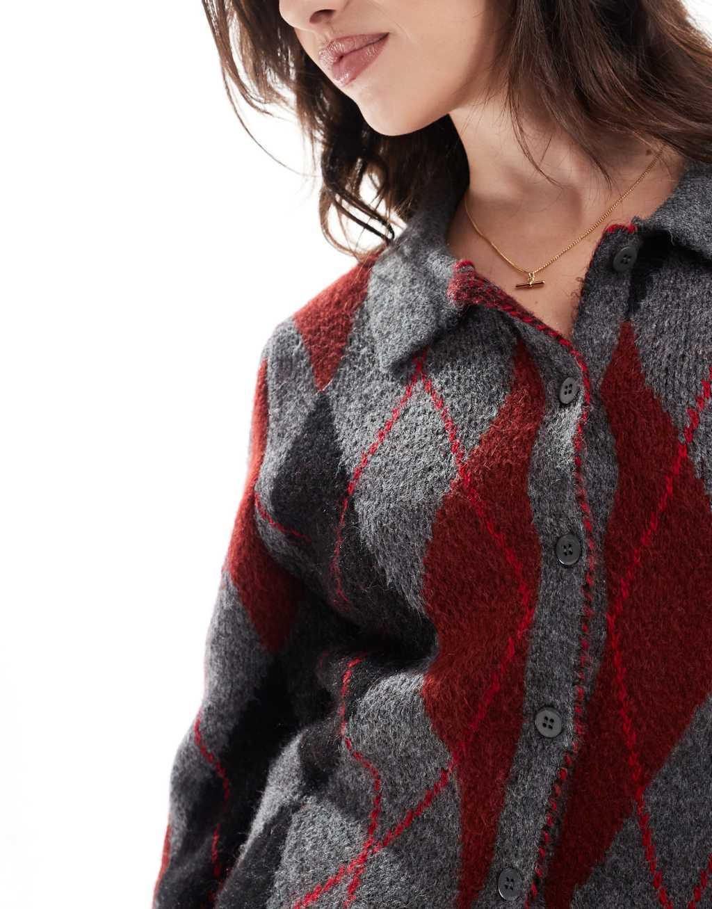 ASOS DESIGN collared cardigan with argyle pattern in gray Product Image