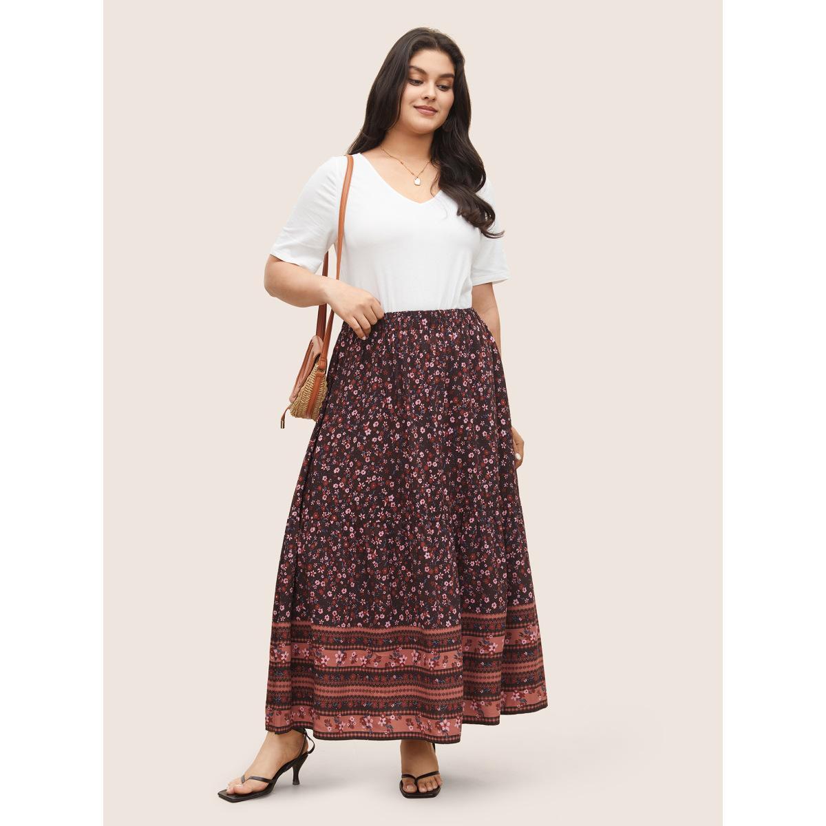 Plus Size Rayon Boho Print Elastic Waist Pocket Skirt Women Eggplant Resort Non No stretch Slanted pocket Vacation Skirts BloomChic 30/6X Product Image
