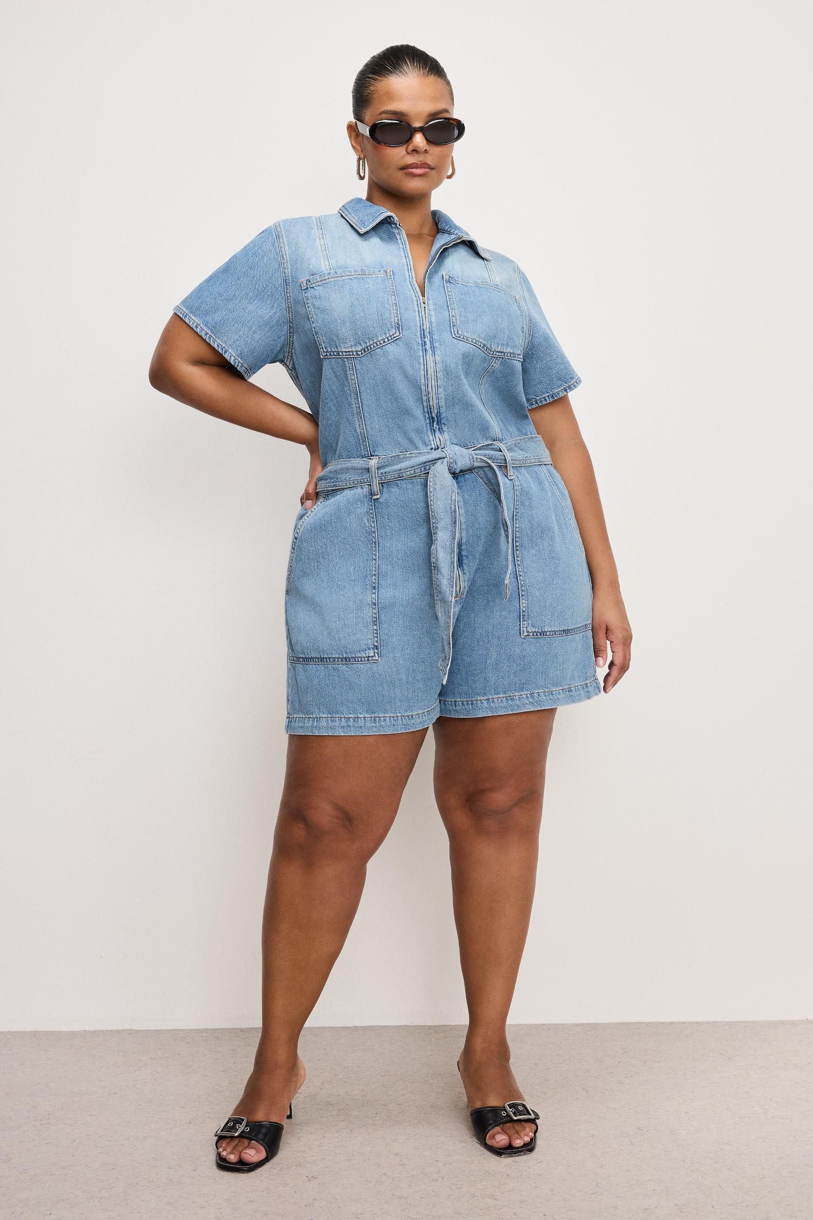 FIT FOR SUCCESS LITE LINEN DENIM SHORTS JUMPSUIT | INDIGO786 Product Image
