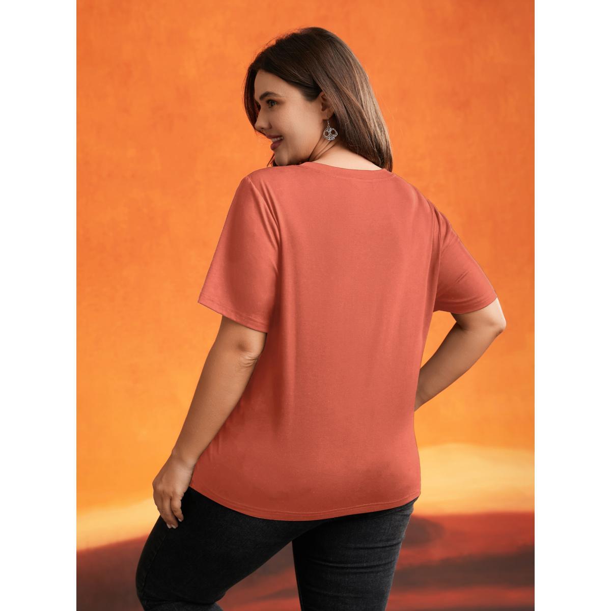 Plus Size Jack-O-Lantern Neck Hollow Embroidered T-shirt Rust Women Casual Cut-Out Halloween Round Neck Everyday T-shirts BloomChic 28/5X Product Image