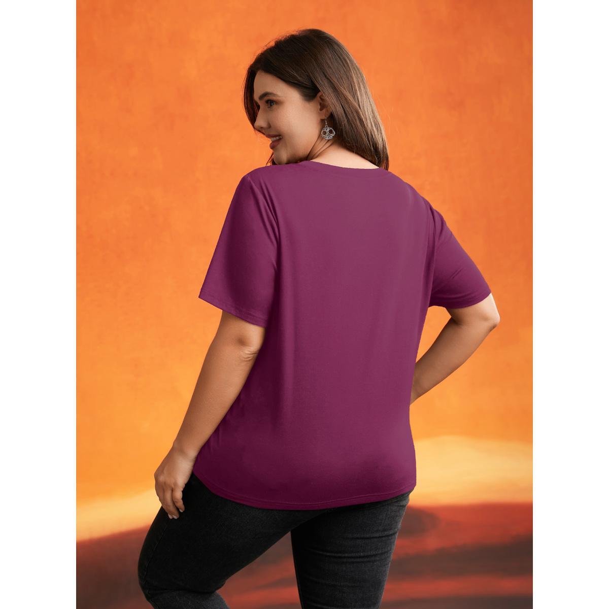 Plus Size Jack-O-Lantern Neck Hollow Embroidered T-shirt RedViolet Women Casual Cut-Out Halloween Round Neck Everyday T-shirts BloomChic 18-20/2X Product Image