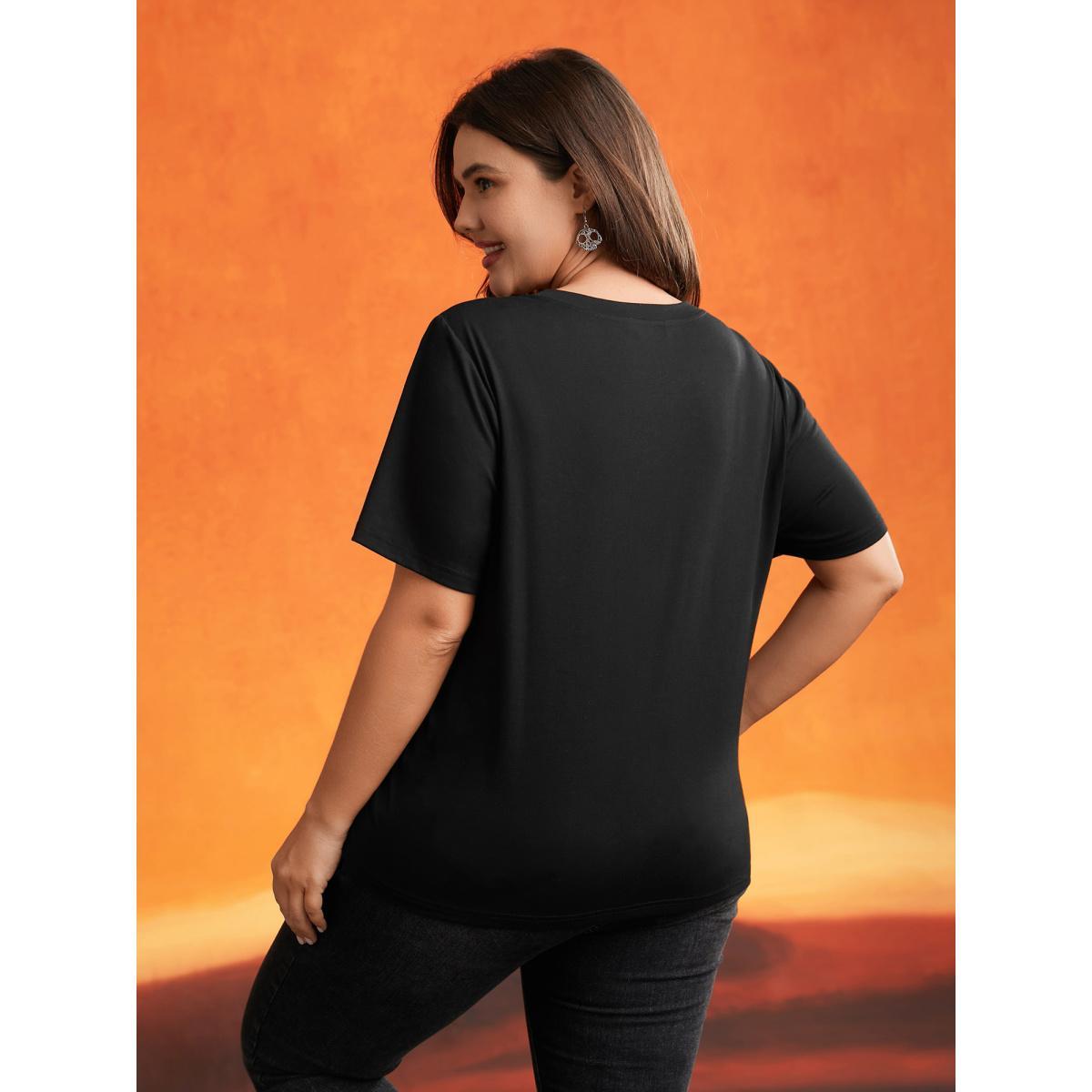 Plus Size Jack-O-Lantern Neck Hollow Embroidered T-shirt Black Women Casual Cut-Out Halloween Round Neck Everyday T-shirts BloomChic 10/M Product Image