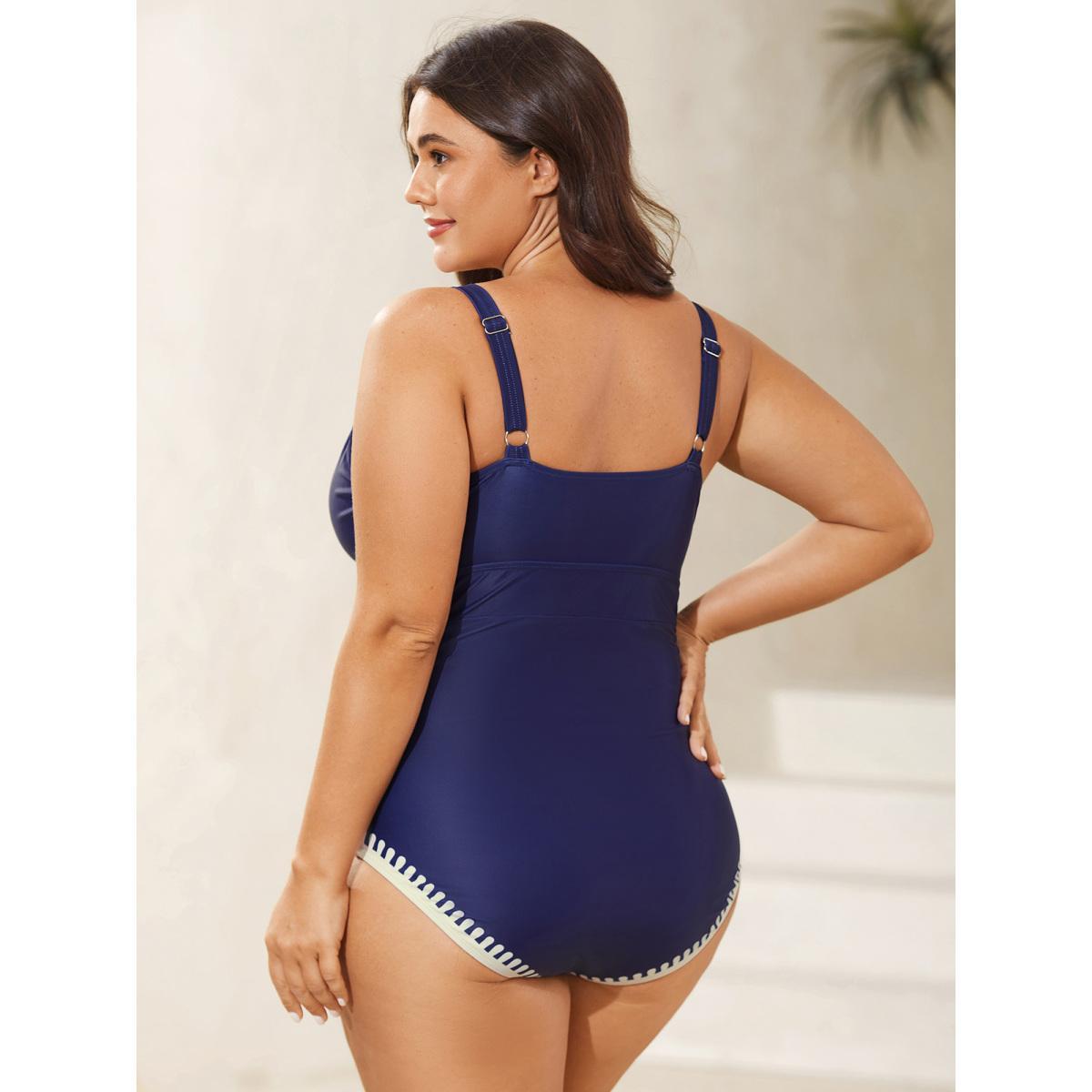 Plus Size Two-Piece Boho Print Sarong Swimsuit Women's Swimwear Indigo Beach Contrast Curve Bathing Suits High stretch One Pieces BloomChic 26/4X Product Image
