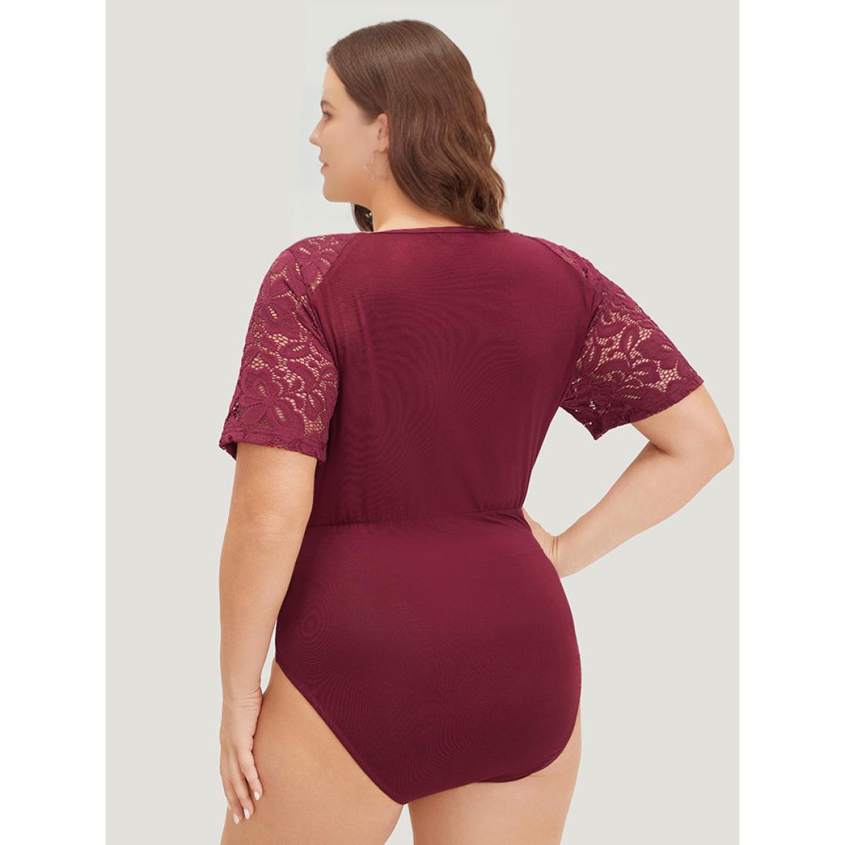Plus Size Plain Crochet Lace Mesh Surplice Neck Bodysuit Women Burgundy Plain Wrap Bodysuits BloomChic 10/M Product Image