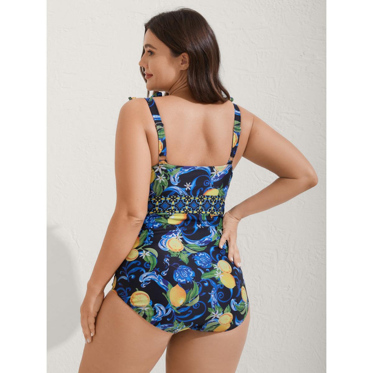 Plus Size Two-Piece Citrus Print Sarong Swimsuit Women's Swimwear BlackFlower Beach Tie knot Curve Bathing Suits High stretch One Pieces BloomChic 30/6X Product Image