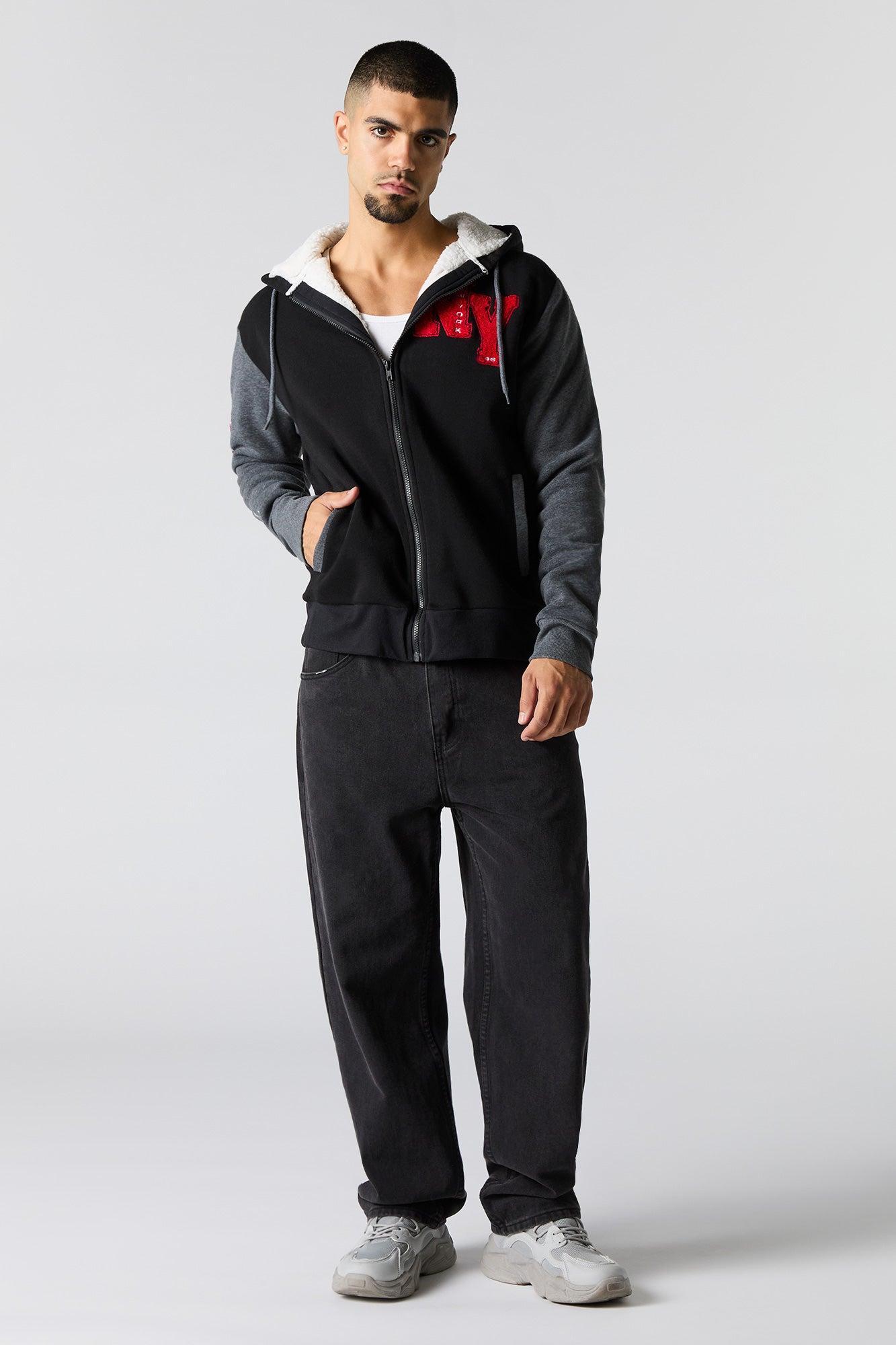 Chenille Embroidered Faux Fur Lined Zip-Up Hoodie Male Product Image