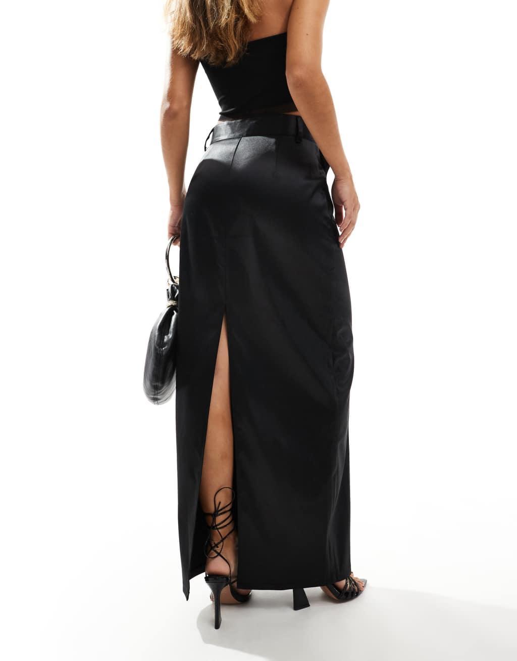 Pretty Lavish satin tailored maxi skirt in black Product Image