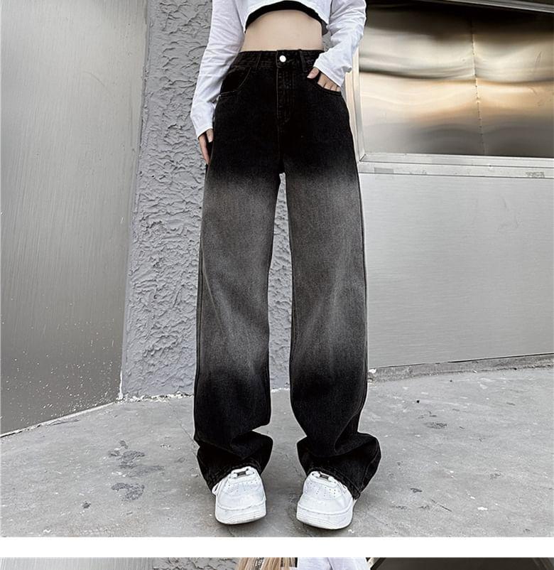High Waist Washed Straight Leg Jeans Product Image