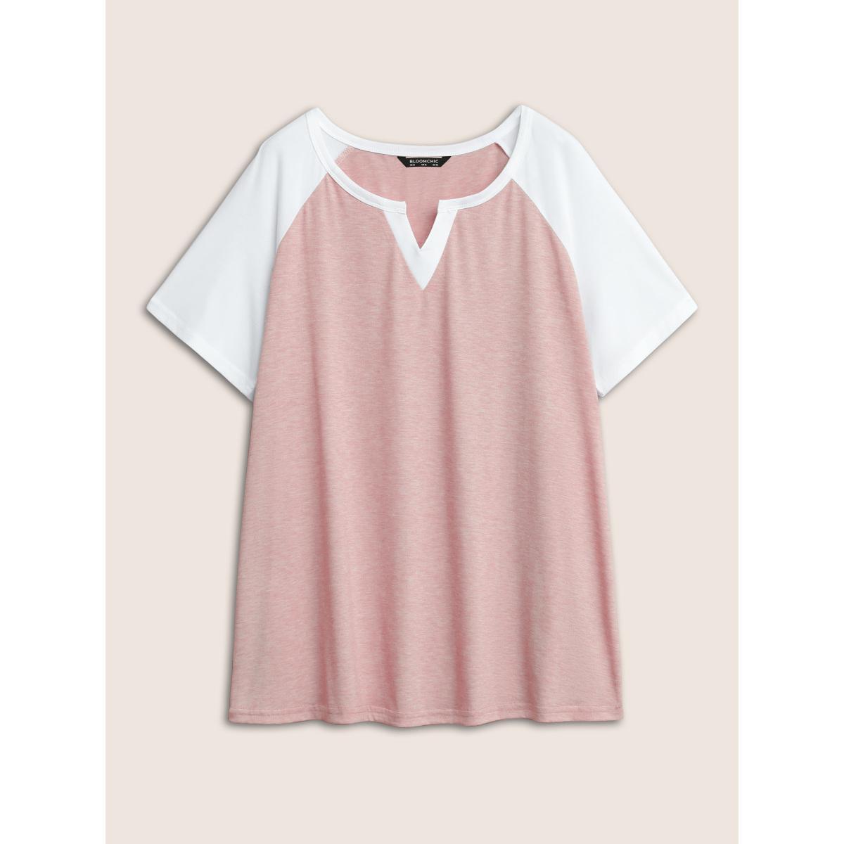 Plus Size Colorblock Contrast Notched Raglan Sleeve T-shirt Crepe Women Casual Plain Everyday T-shirts BloomChic 26/4X Product Image