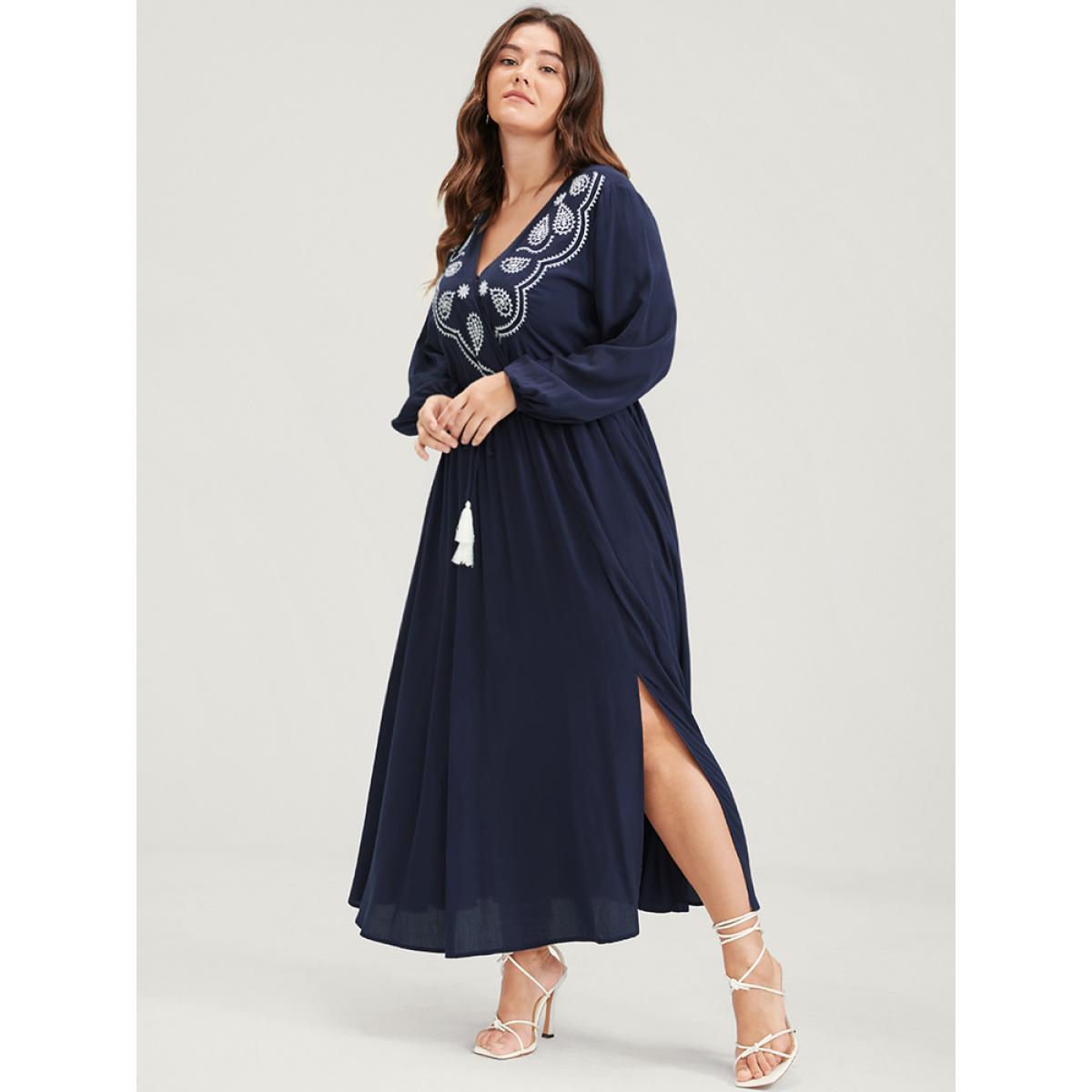 Plus Size Solid Embroidered Pocket Split Hem Flutter Wrap Ties Dress DarkBlue Women Elegant Embroidered V-neck Long Sleeve Curvy Long Dress BloomChic 10/M Product Image