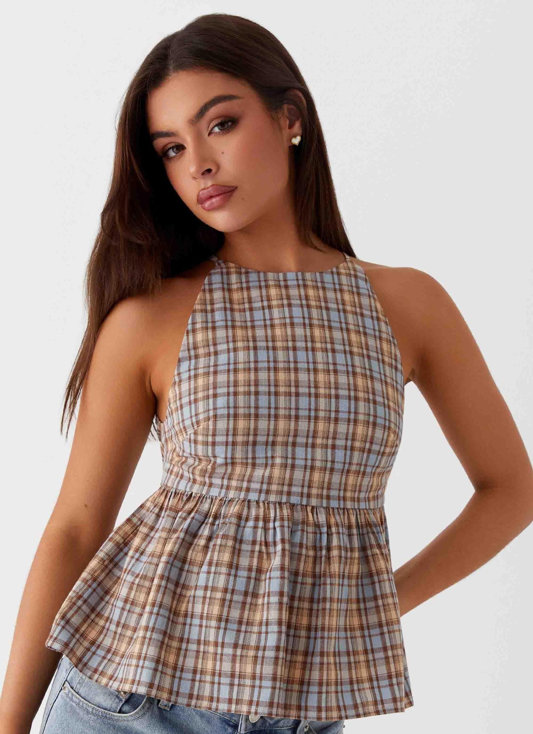 Tanith Ruffle Top - Brown Check Product Image