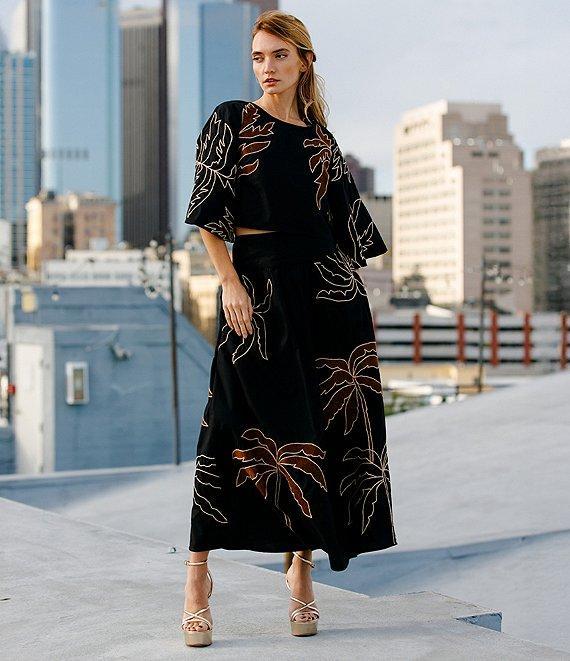 CIEBON Tyler Palm Tree Embroidered Crew Neck 3/4 Wide Flare Sleeve Coordinating Crop Top Product Image
