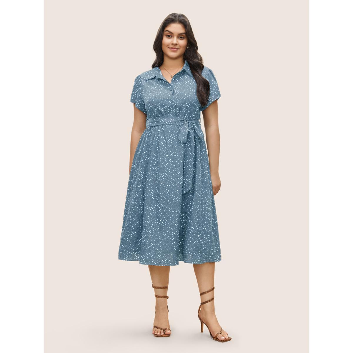 Plus Size Polka Dot Shirt Collar Pocket Button Up Dress Stone Women At the Office Non Shirt collar Short sleeve Curvy Midi Dress BloomChic 14-16/1X Product Image