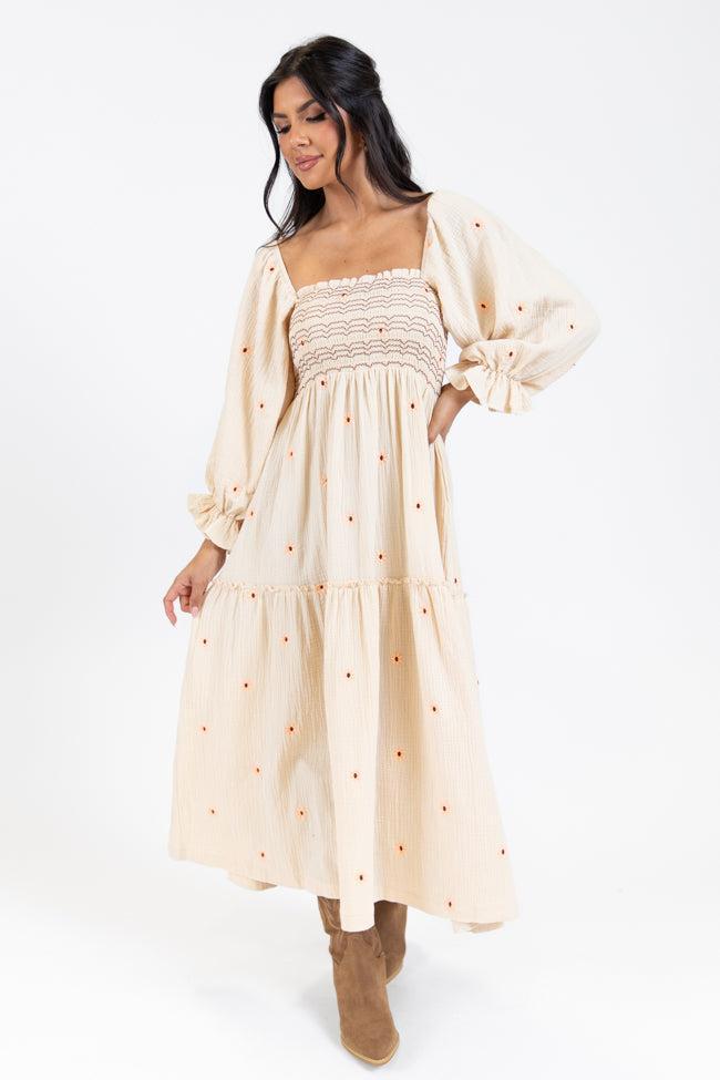 Dress To Impress Beige Floral Stitched Smocked Top Dress FINAL SALE Product Image