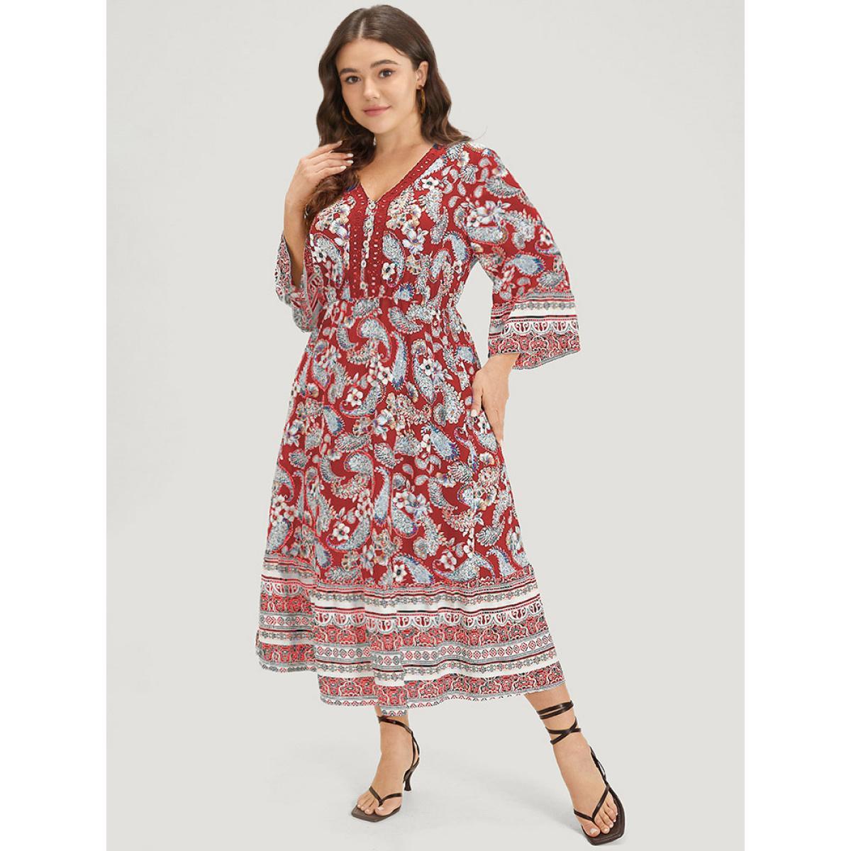 Plus Size Floral & Paisley Print Elastic Waist Button Detail Dress Crimson Women Vacation Printed V-neck Elbow-length sleeve Curvy Midi Dress BloomChic 30/6X Product Image
