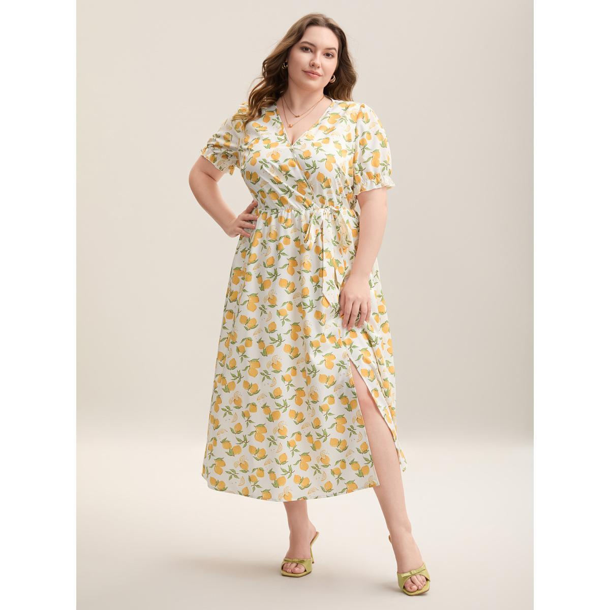 Plus Size Lemon Print Surplice Stretchy Waist Midi Dress Ivory Women Elegant Overlapping Overlap Collar Short sleeve Curvy BloomChic 26/4X Product Image