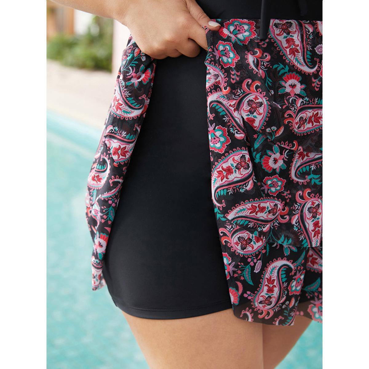 Plus Size Bandana Print Tiered Hem Ruched Knotted Cut Out Swim Dress Women's Swimwear BlackFlower Vacation Bodycon V-neck High stretch Curve Swim Dresses BloomChic 14-16/1X Product Image