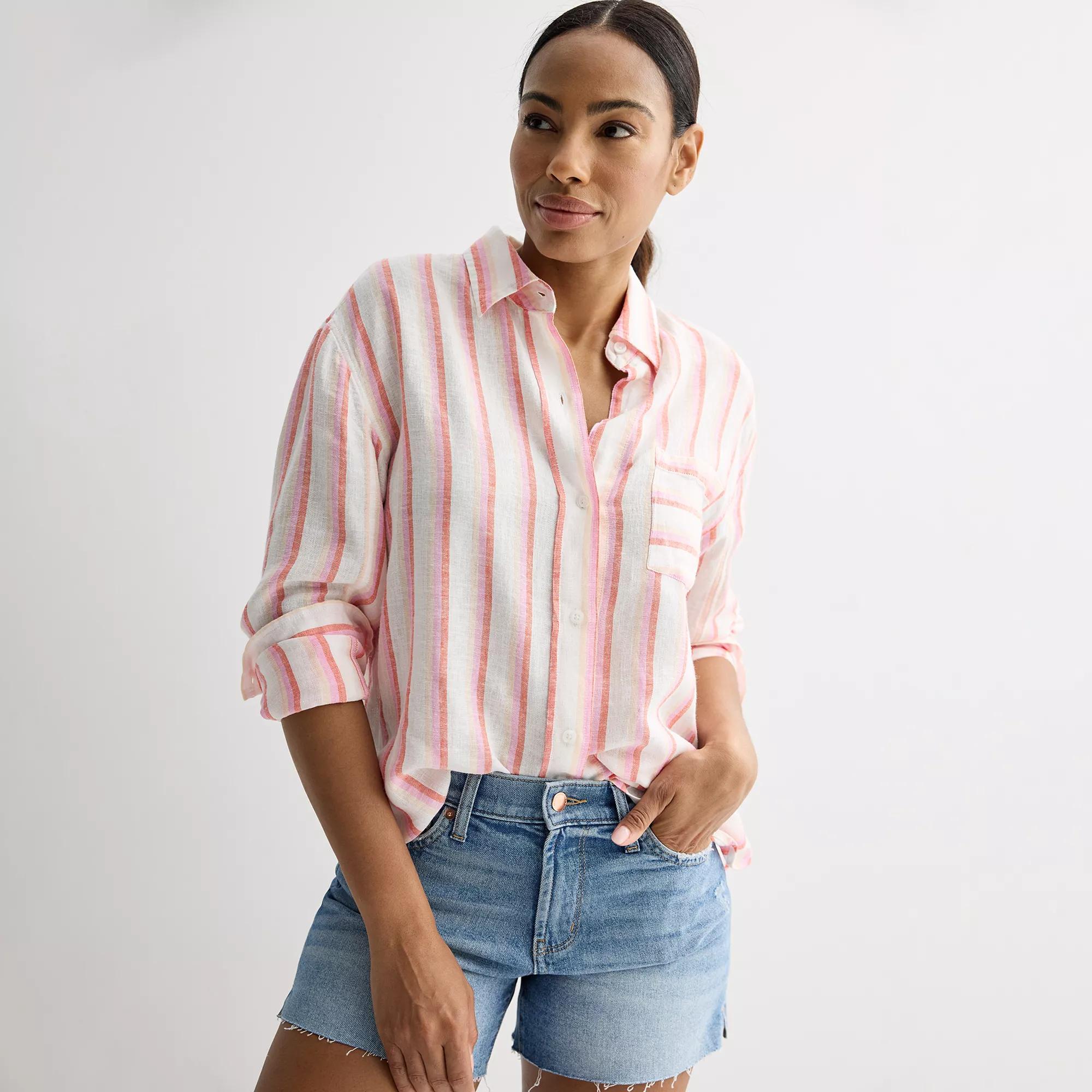 Petite Sonoma Goods For Life® Linen Boyfriend Shirt, Women's, Size: XXL Petite, Multi Pink Stripe Product Image