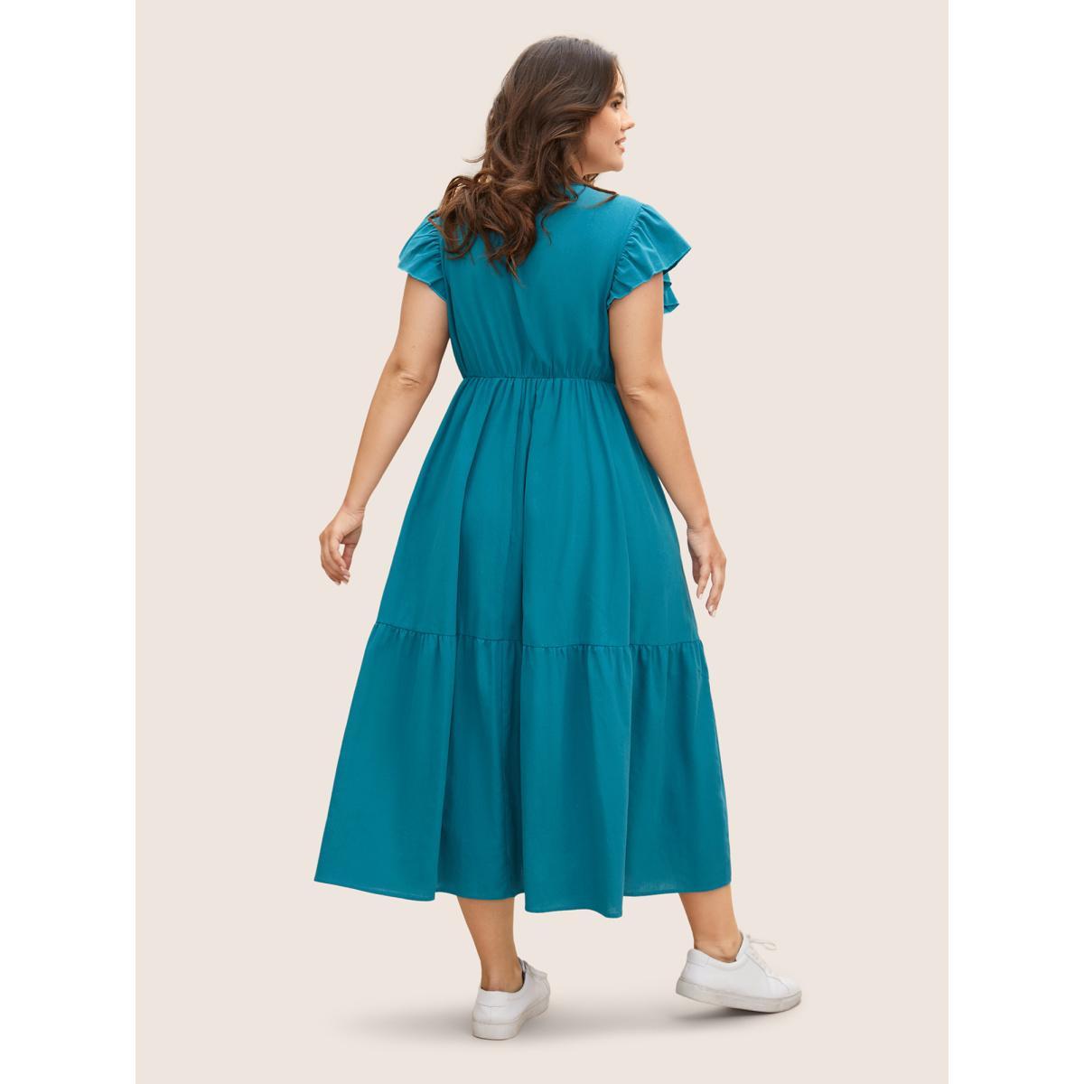 Plus Size Cotton Bandana Geometric Ruffle Cap Sleeve Midi Dress Cerulean Women Casual Ruffles V-neck Cap Sleeve Curvy BloomChic 18-20/2X Product Image