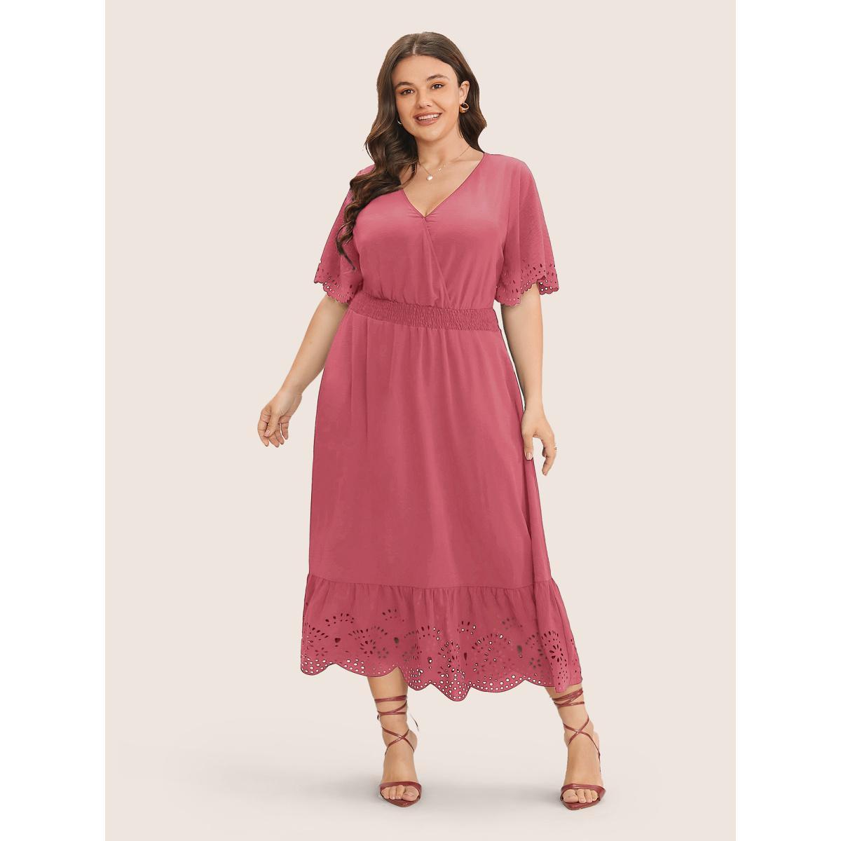 Plus Size Solid Laser Cut Shirred Pocket Wrap Scalloped Trim Flutter Dress DustyPink Women Elegant Non V-neck Short sleeve Curvy Midi Dress BloomChic 18-20/2X Product Image