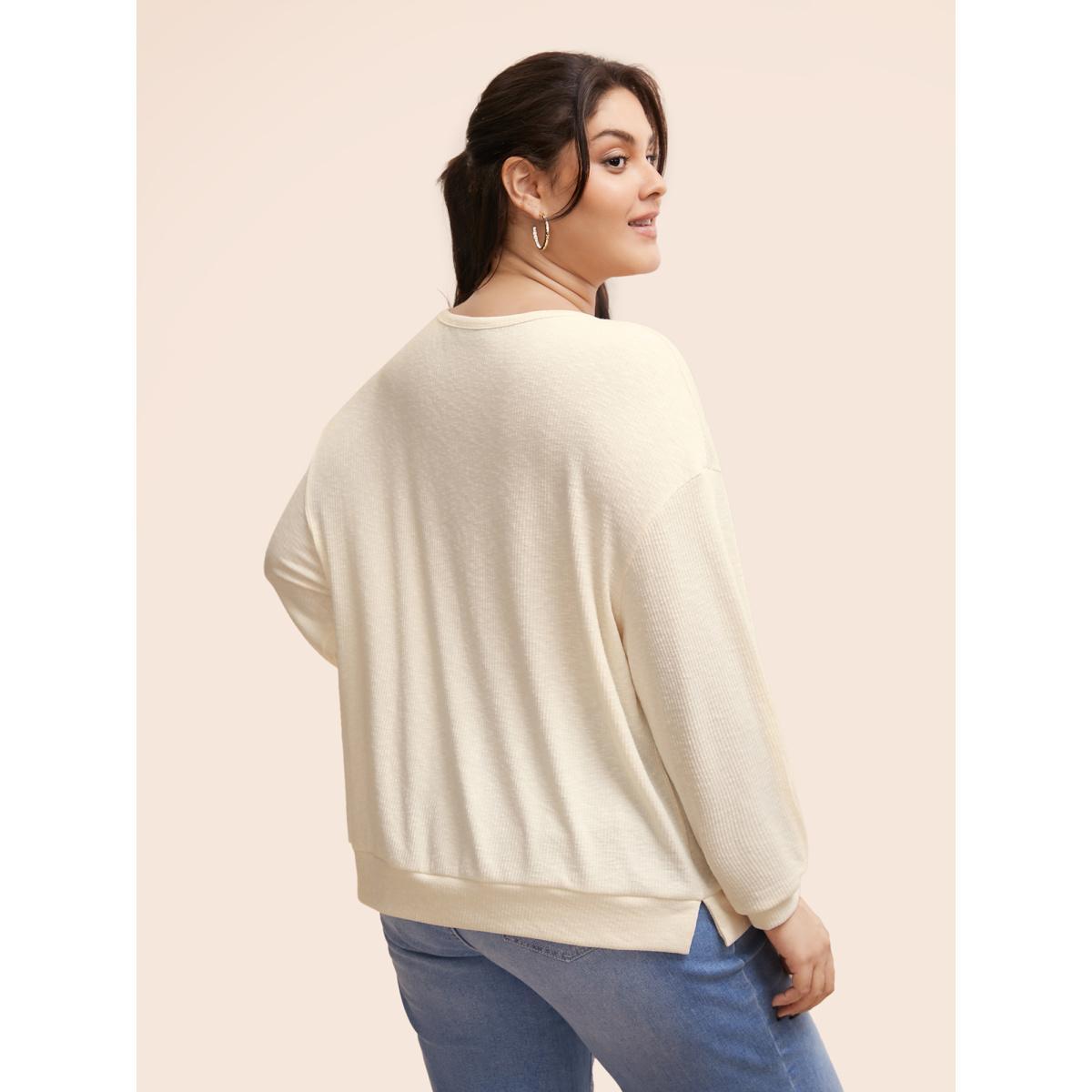 Plus Size Notched Button Detail Split Hem Sweatshirt Women Beige Casual Texture Flat collar with V-notch Everyday Sweatshirts BloomChic 22-24/3X Product Image
