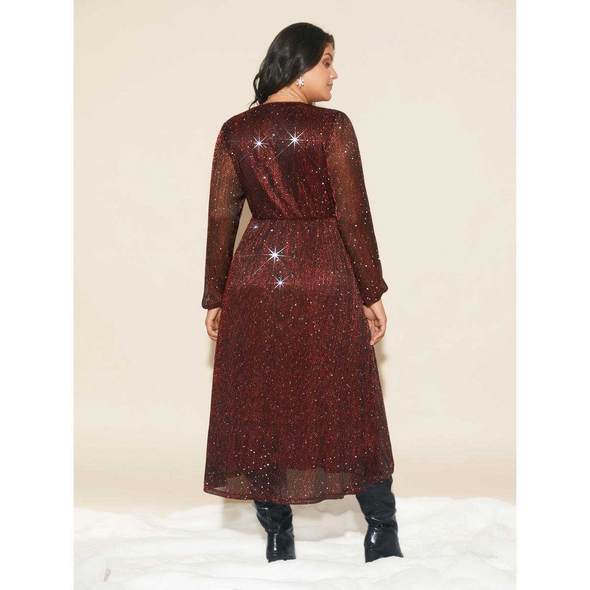 Plus Size Stretchy Gold Foil Surplice Neckline Midi Dress Burgundy Women Cocktail Texture Party Curvy Bloomchic 12/L Product Image