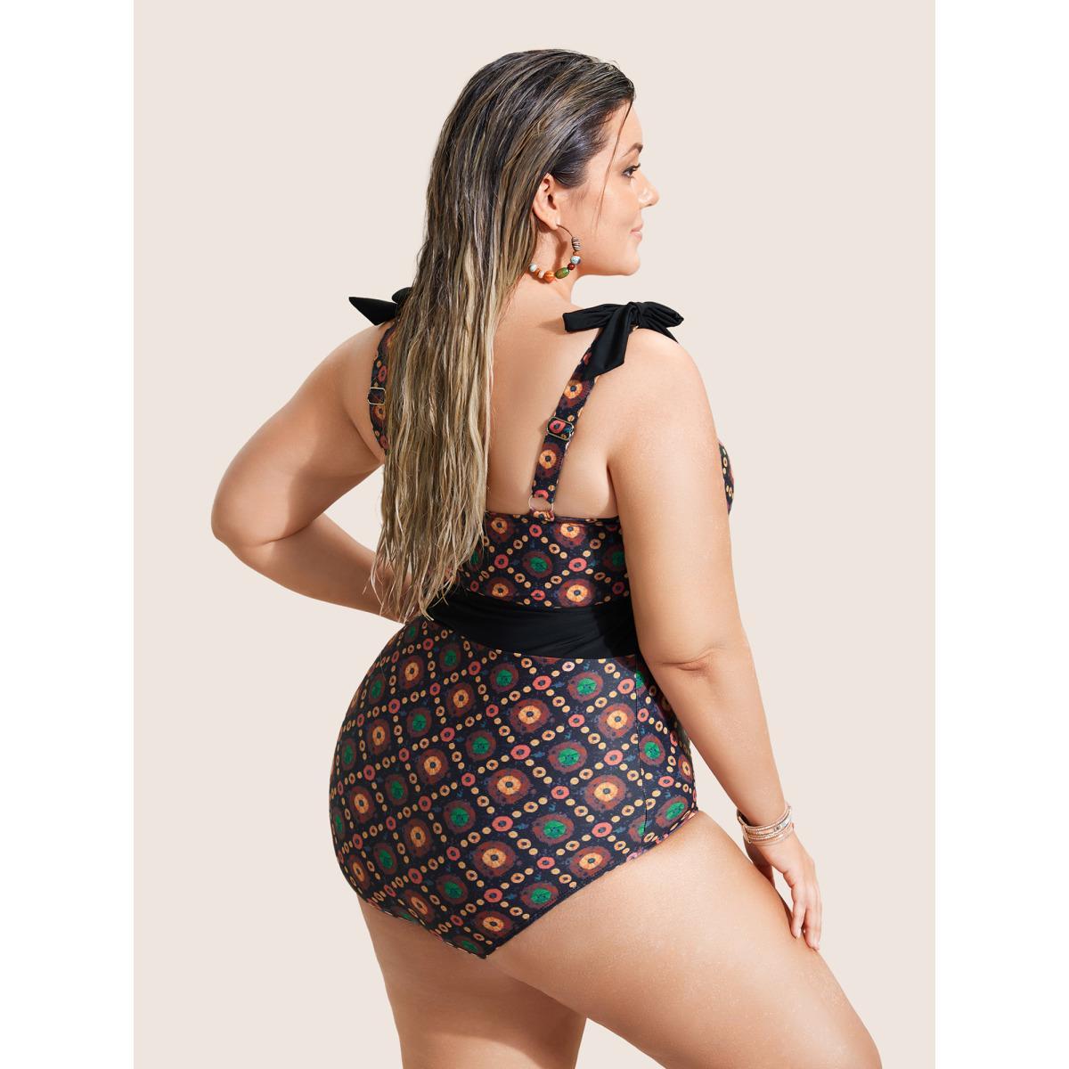 Plus Size Bandana Print Two Tone Knotted One Piece Swimsuit Women's Swimwear DarkBrown Beach Non Curve Bathing Suits No stretch One Pieces BloomChic 30/6X Product Image