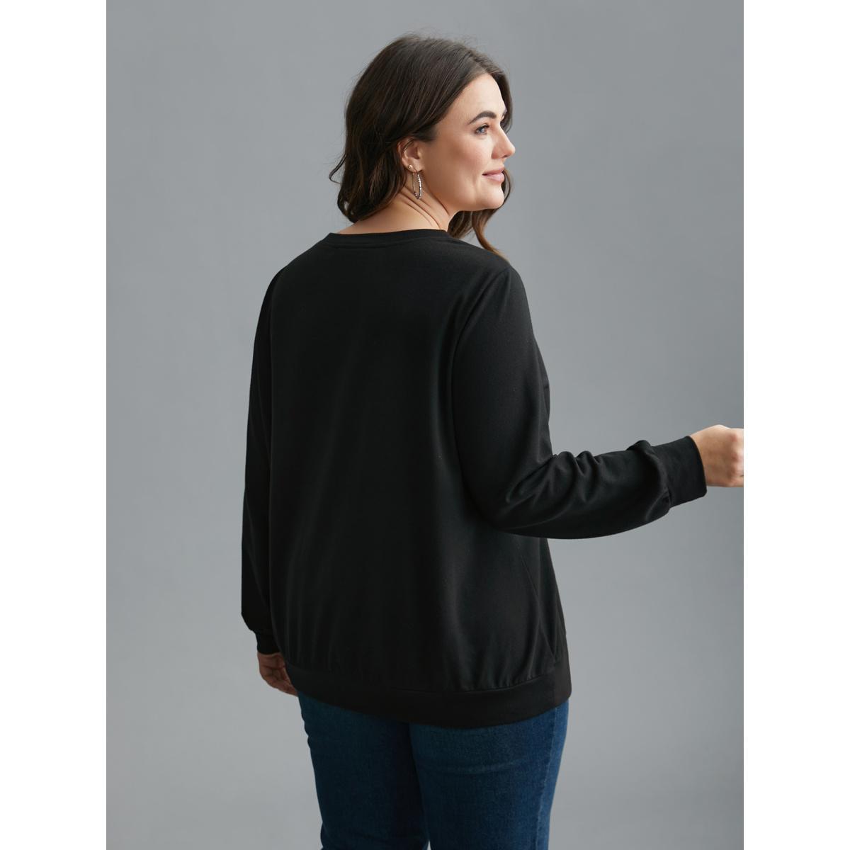 Plus Size Sunday Patchwork Embroidered Sweatshirt Women Black Casual Embroidered Round Neck Everyday Sweatshirts BloomChic 30/6X Product Image