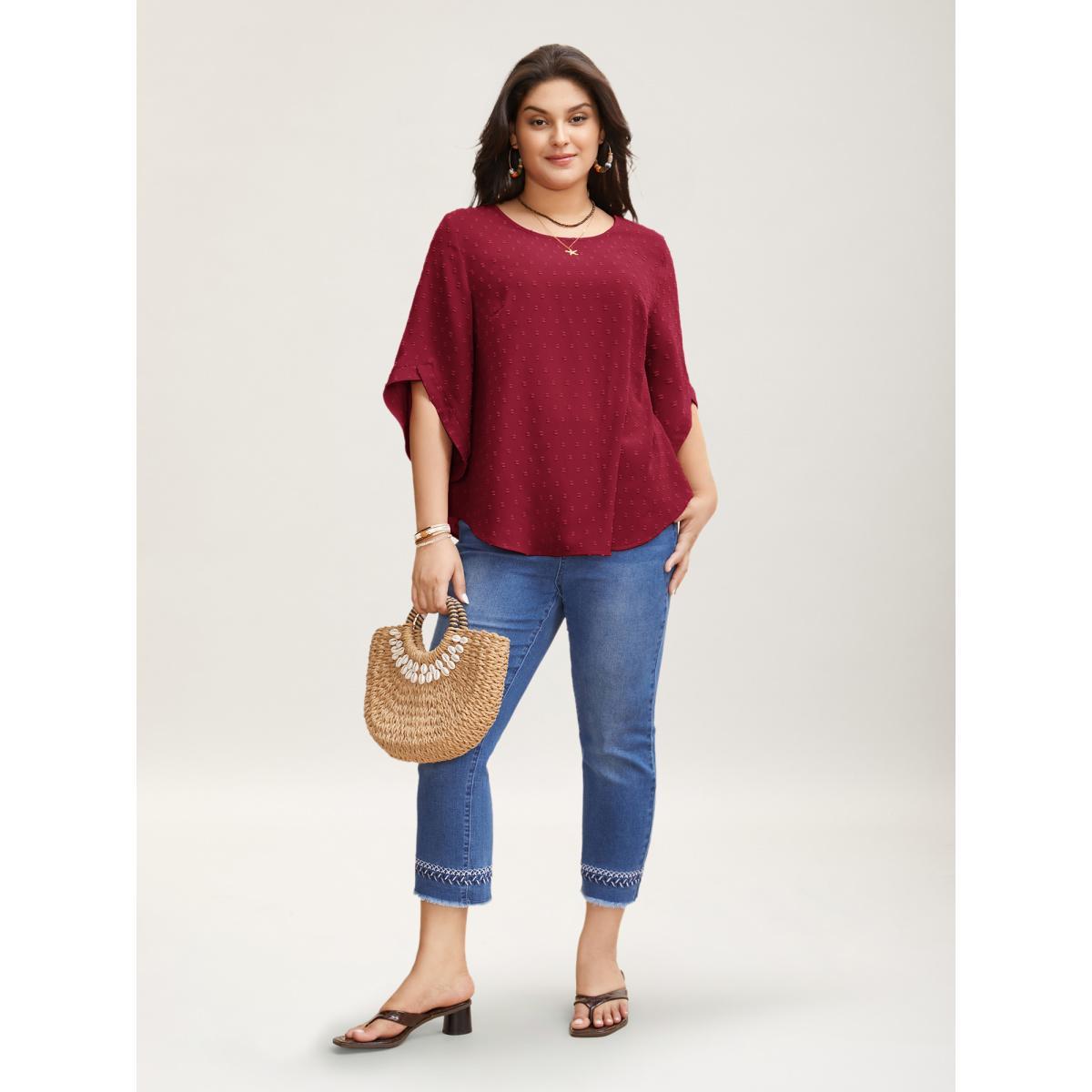 Plus Size Deepred Textured Round Neck Bell Sleeve Blouse Women Elegant Elbow-length sleeve Round Neck Everyday Blouses BloomChic 14-16/1X Product Image