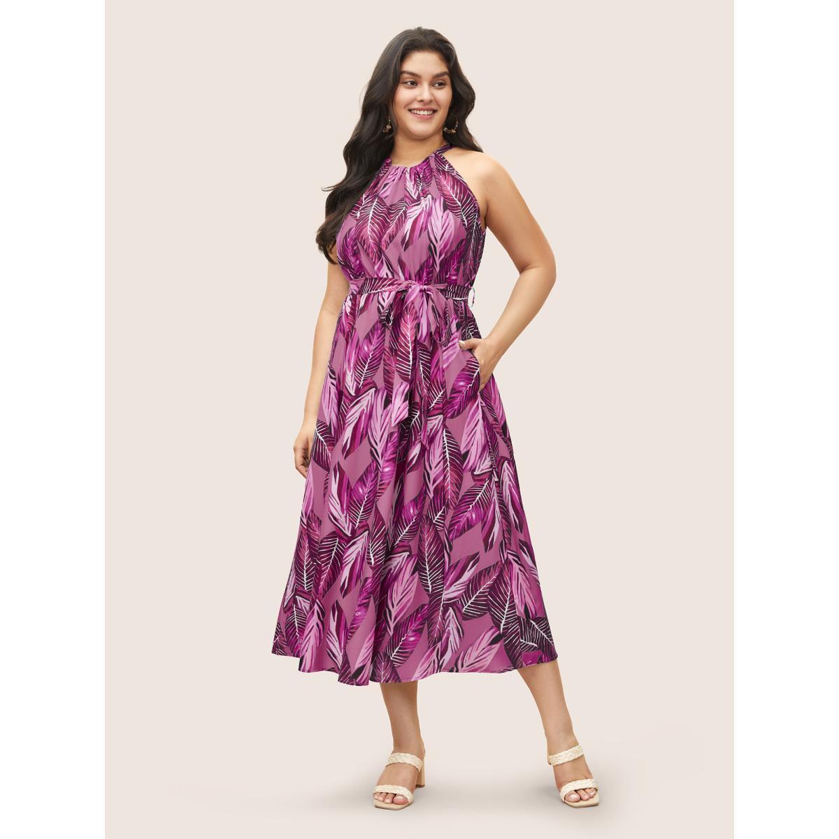 Plus Size Tropical Print Knotted Pocket Ruffles Belted Halter Dress Mediumblue Women Resort Non Halter neck Sleeveless Curvy Midi Dress BloomChic 26/4X Product Image