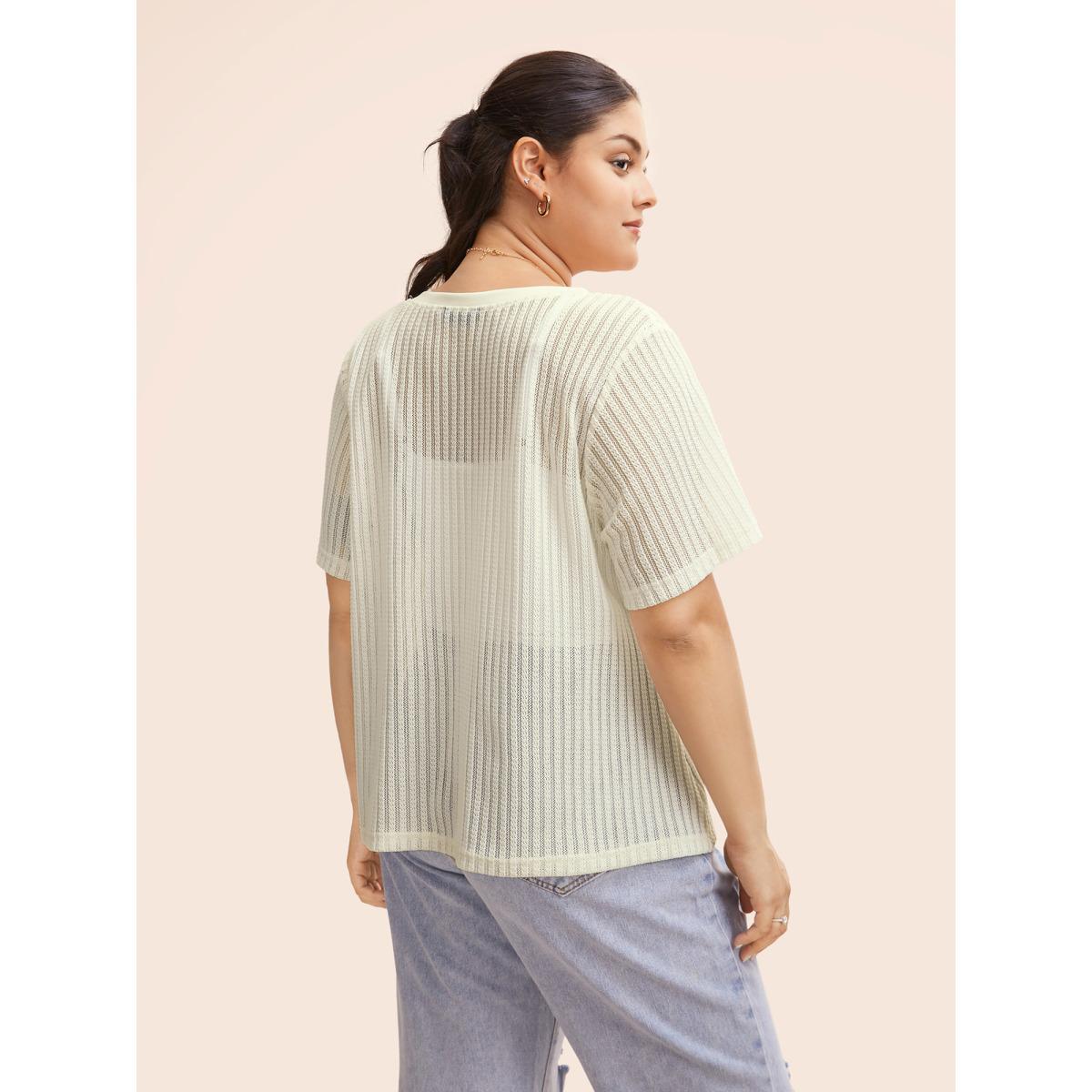 Plus Size Round Neck Pointelle Knit T-shirt Beige Women Casual Texture Round Neck Everyday T-shirts BloomChic 30/6X Product Image