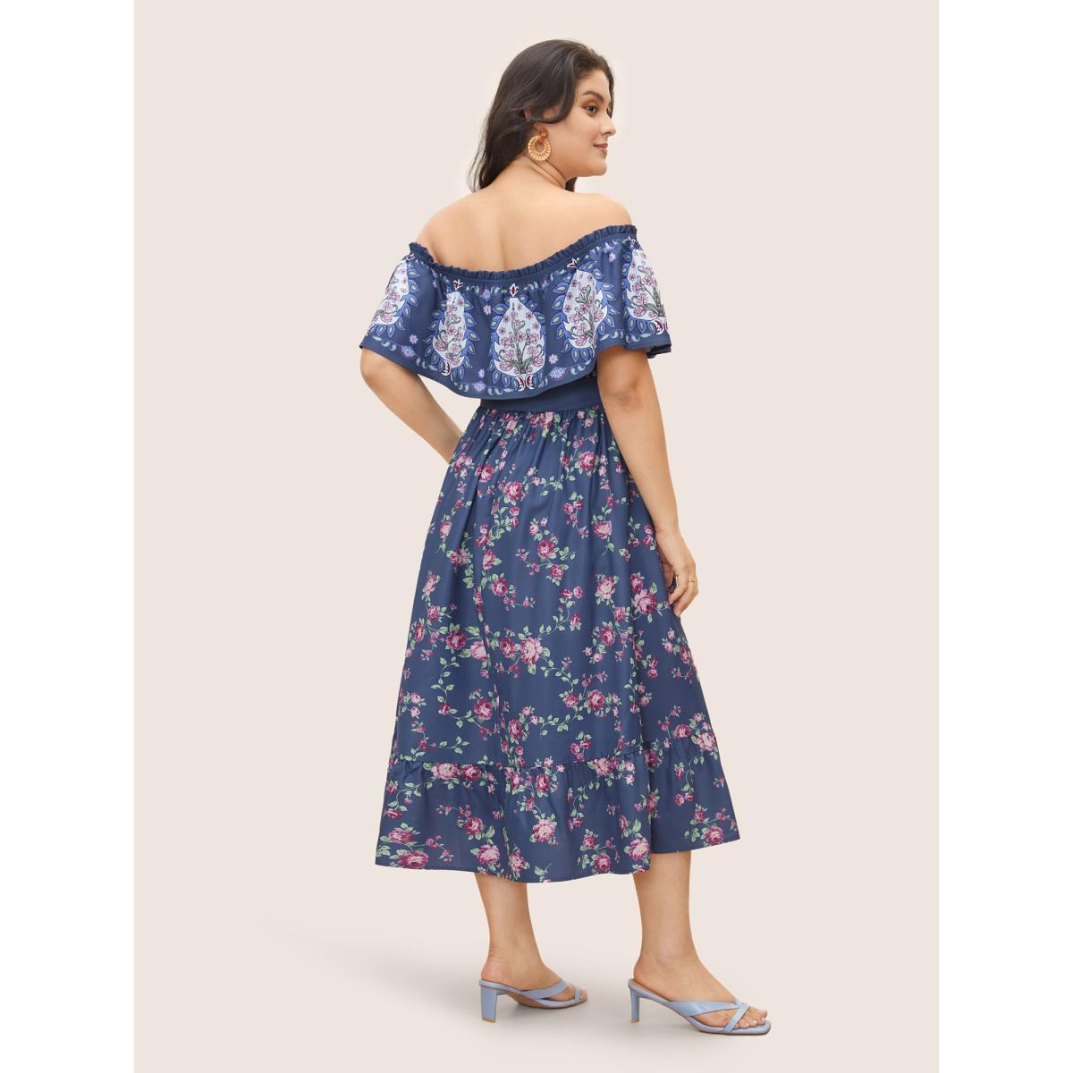 Plus Size Floral Off Shoulder Belted Frill Trim Dress SlateGray Women Resort Gathered One-shoulder neck Short sleeve Curvy Midi Dress BloomChic 22-24/3X Product Image