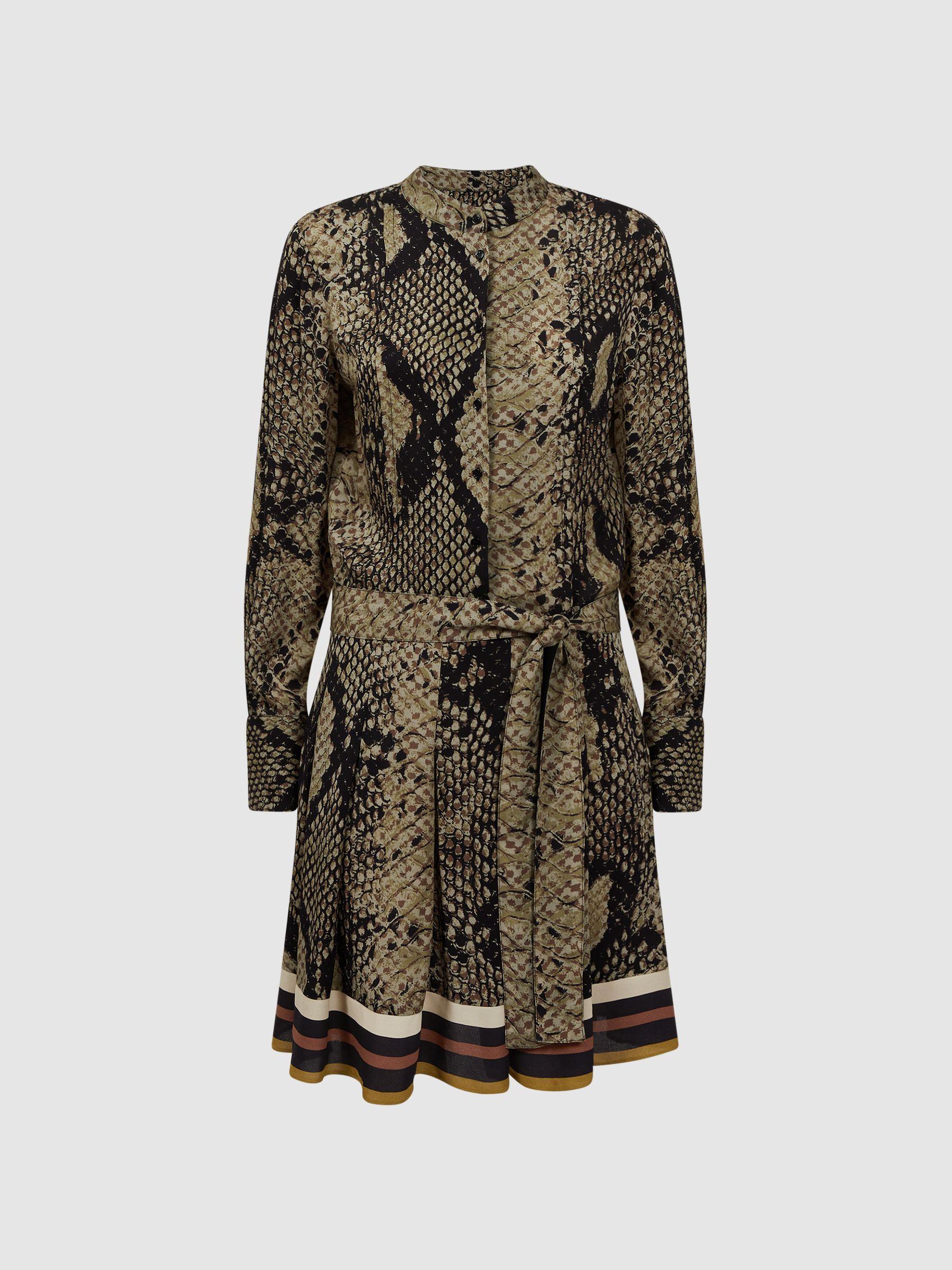 Snake Print Belted Mini Dress in Brown Product Image