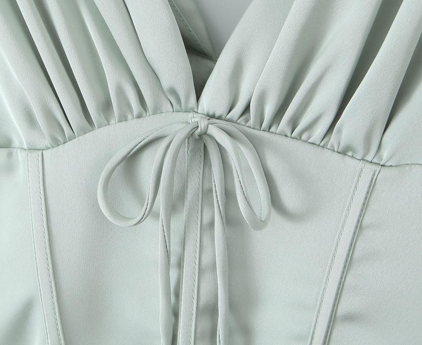 Sleeveless V-Neck Plain Bow Mini A-Line Corset Dress Product Image