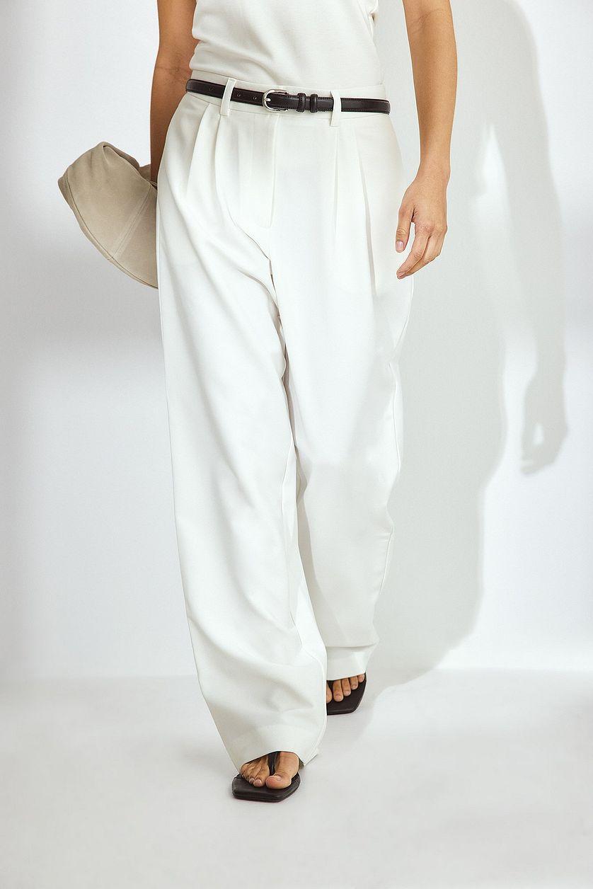 High Waist Pleated Wide Leg Pants Beige Product Image