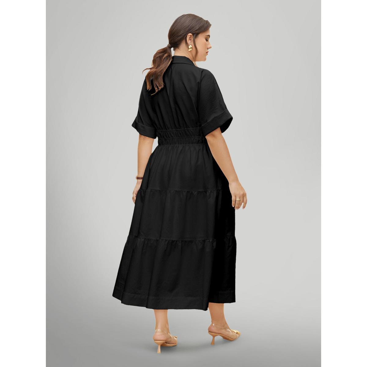 Plus Size Midfield Tiered Midi Shirt Dress Black Women At the Office Gathered Shirt collar Short sleeve Curvy BloomChic 26/4X Product Image