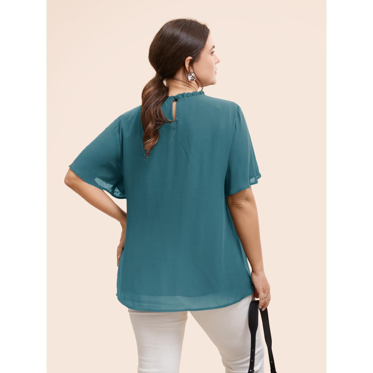 Plus Size DarkGreen Anti-Wrinkle Shirred Ruffle Sleeve Mesh Frill Trim Blouse Women Office Short sleeve Stand-up collar Work Blouses BloomChic 30/6X Product Image