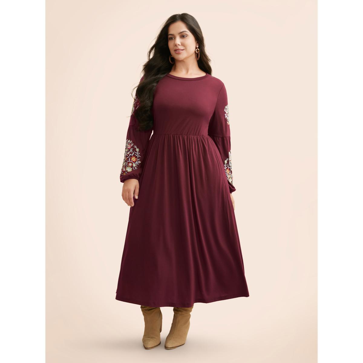 Plus Size Floral Embroidered Elastic Waist Gathered Dress Burgundy Women Casual Embroidered Round Neck Long Sleeve Curvy BloomChic 30/6X Product Image