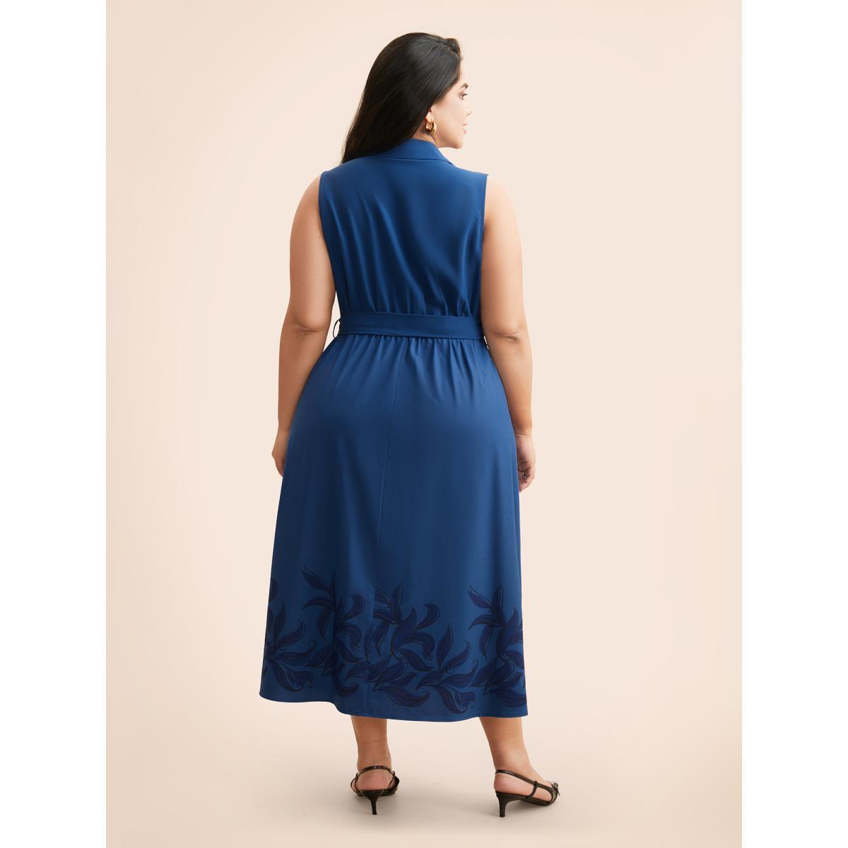 Plus Size Suit Collar Floral Belted Sleeveless Dress DarkBlue Women At the Office Belted Suit Collar Sleeveless Curvy BloomChic 28/5X Product Image