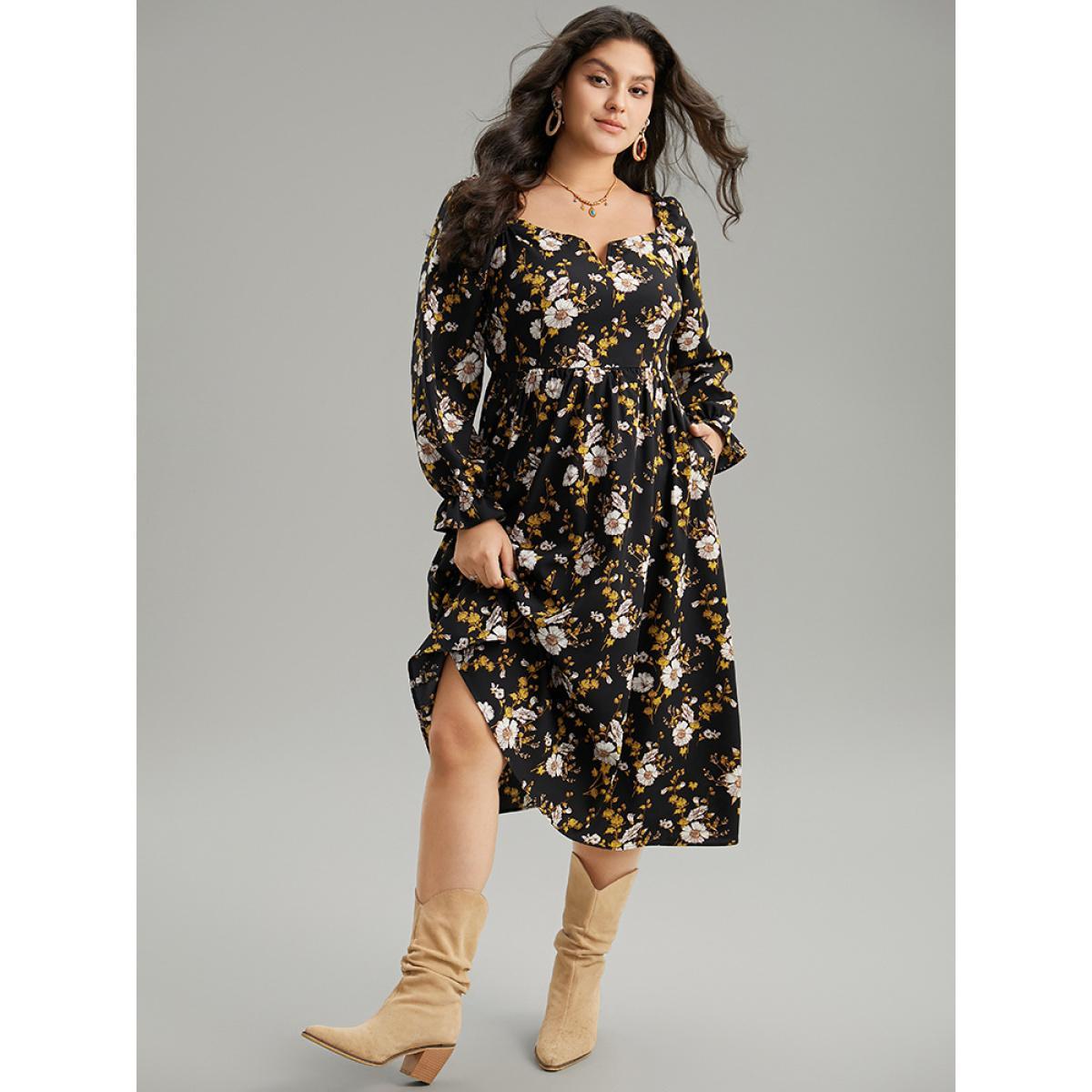 Plus Size Floral Print Notched Frill Trim Gathered Shirred Dress Black Women Vacation Gathered Notched collar Long Sleeve Curvy Midi Dress BloomChic 18-20/2X Product Image