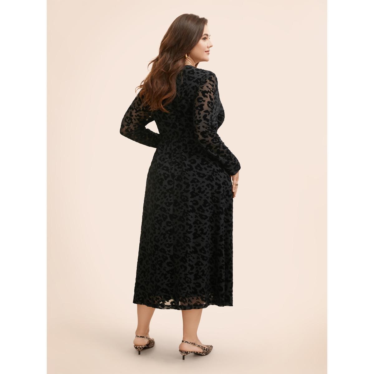 Plus Size V Neck Flocking Mesh Midi Dress Black Women Elegant Texture V-neck Long Sleeve Curvy BloomChic 28/5X Product Image
