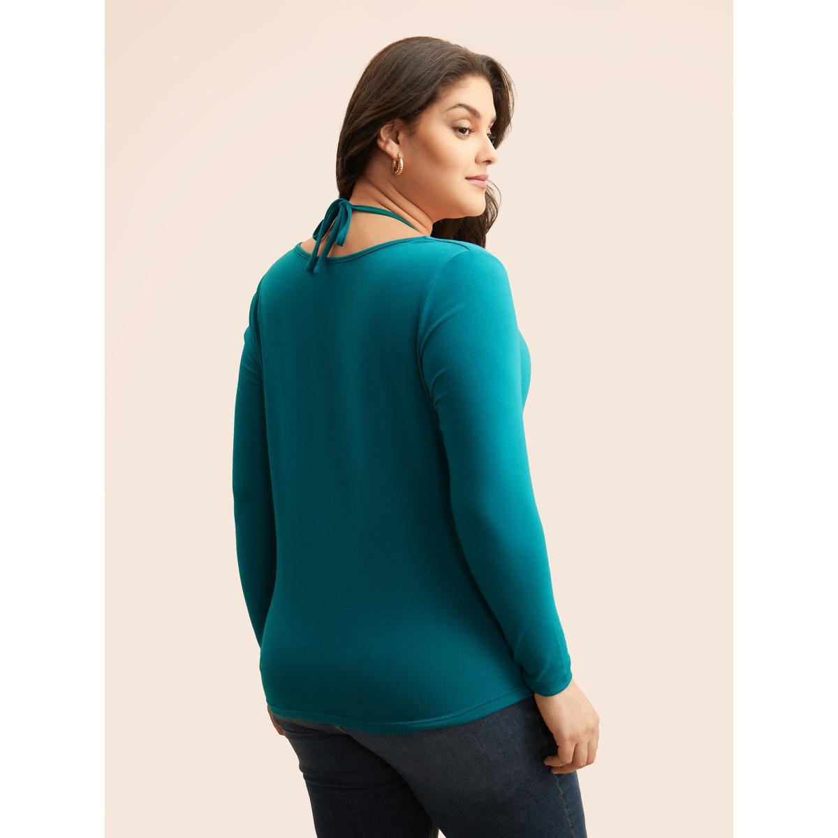 Plus Size Solid Ruched Tie Knot T-shirt Aegean Women Elegant Tie knot Asymmetrical Neck Skinny Everyday T-shirts BloomChic 18-20/2X Product Image