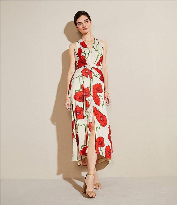 Adelyn Rae Rosalyn Woven Abstract Rose Print V Neck Sleeveless A-Line Maxi Dress Product Image