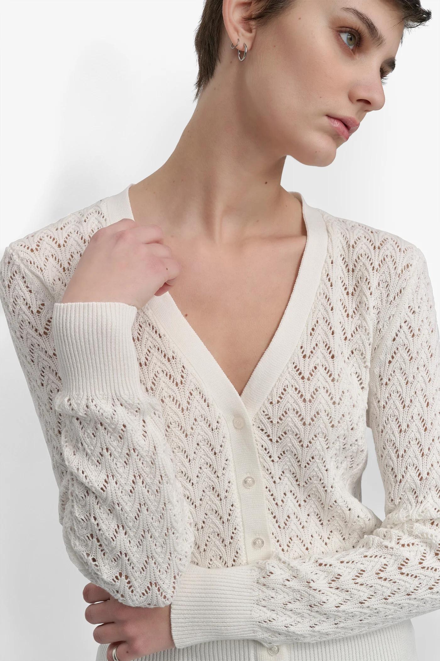 LONG SLEEVE POINTELLE STITCH V NECK CARDIGAN Product Image