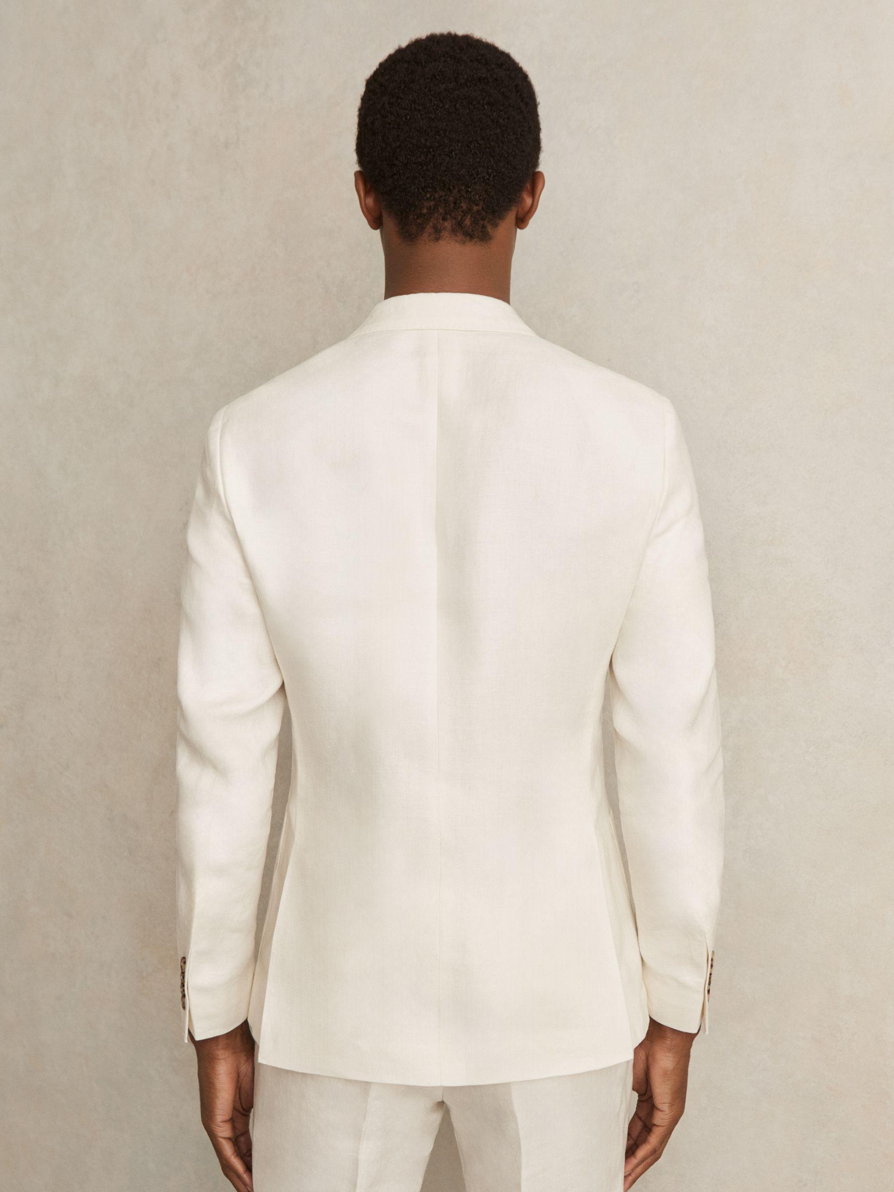 Linen Double-Breasted Suit Blazer Slim-Fit in Herringbone in White Product Image