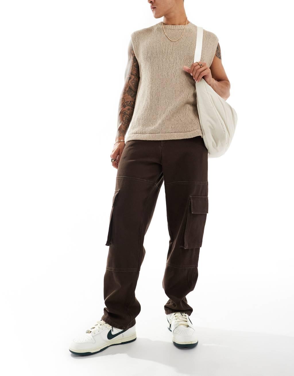 ASOS DESIGN baggy cargo canvas pants in heavy canvas in brown Product Image