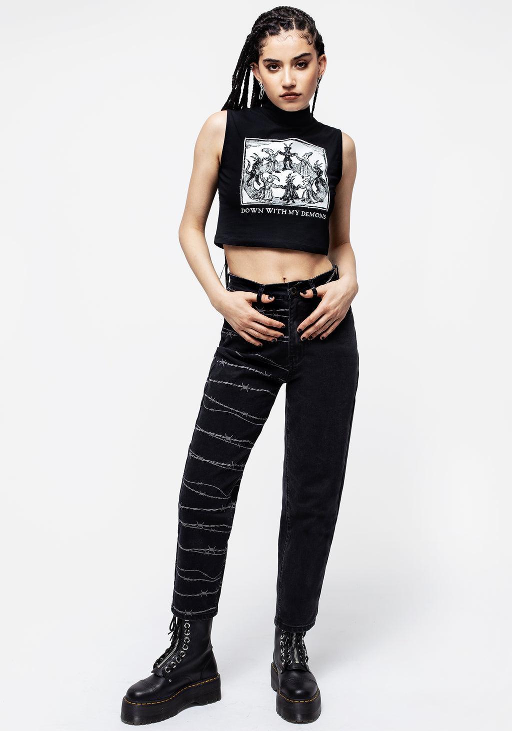 Barbed Wire Spliced Mom Jeans Product Image