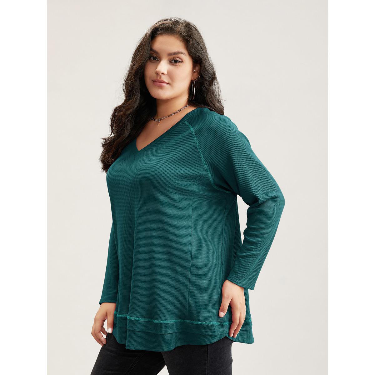 Plus Size Plain Textured Stitch Raglan Sleeve Sweatshirt Women Cyan Casual Plain V-neck Everyday Sweatshirts BloomChic 28/5X Product Image