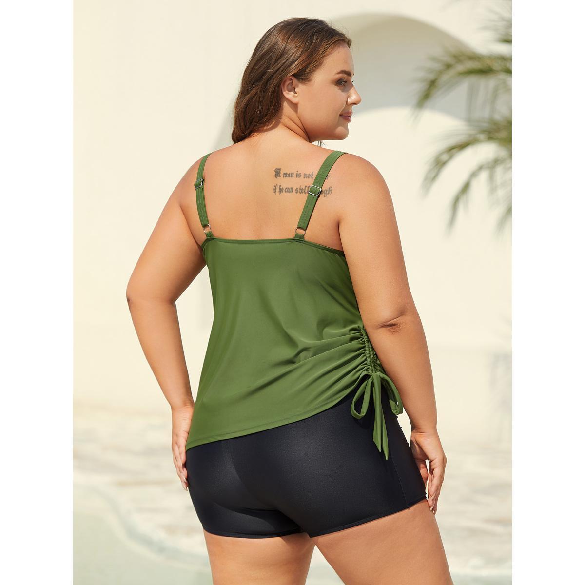 Plus Size Non-Removable Cups Asymmetrical Hem Swim Tankini Women's Swimwear ArmyGreen Beach High stretch Skinny Heart neckline Curve Swim Tops BloomChic 14-16/1X Product Image