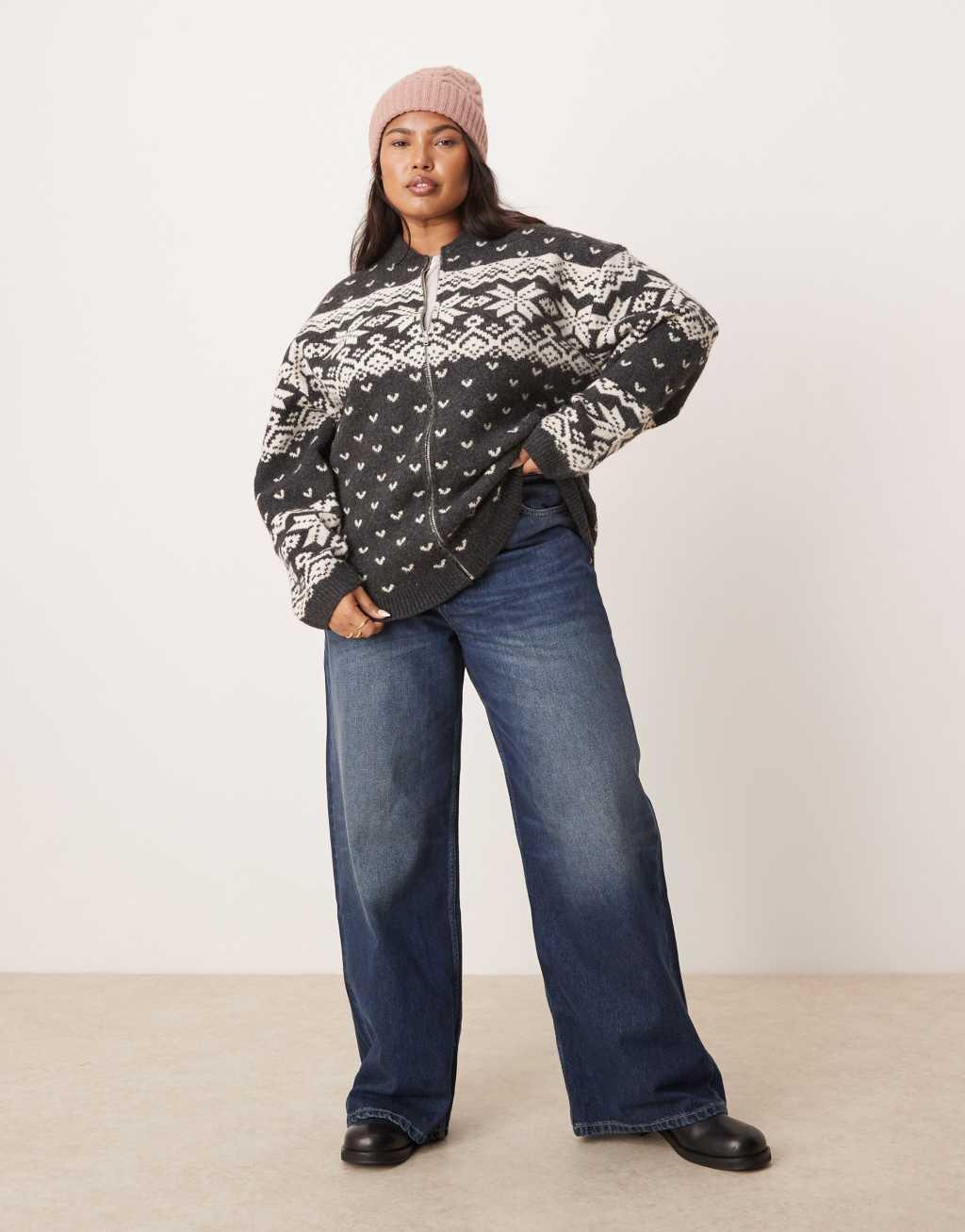 ASOS DESIGN Curve knitted collar zip through cardigan with fairisle pattern in charcoal and cream Product Image